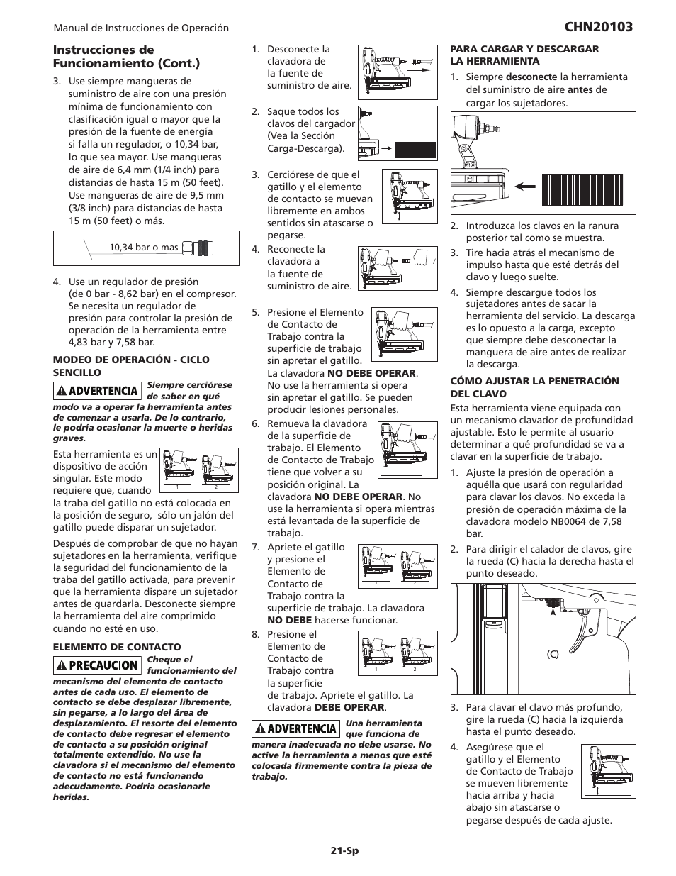 Instrucciones de funcionamiento (cont.) | Campbell Hausfeld CHN20103 User Manual | Page 21 / 24