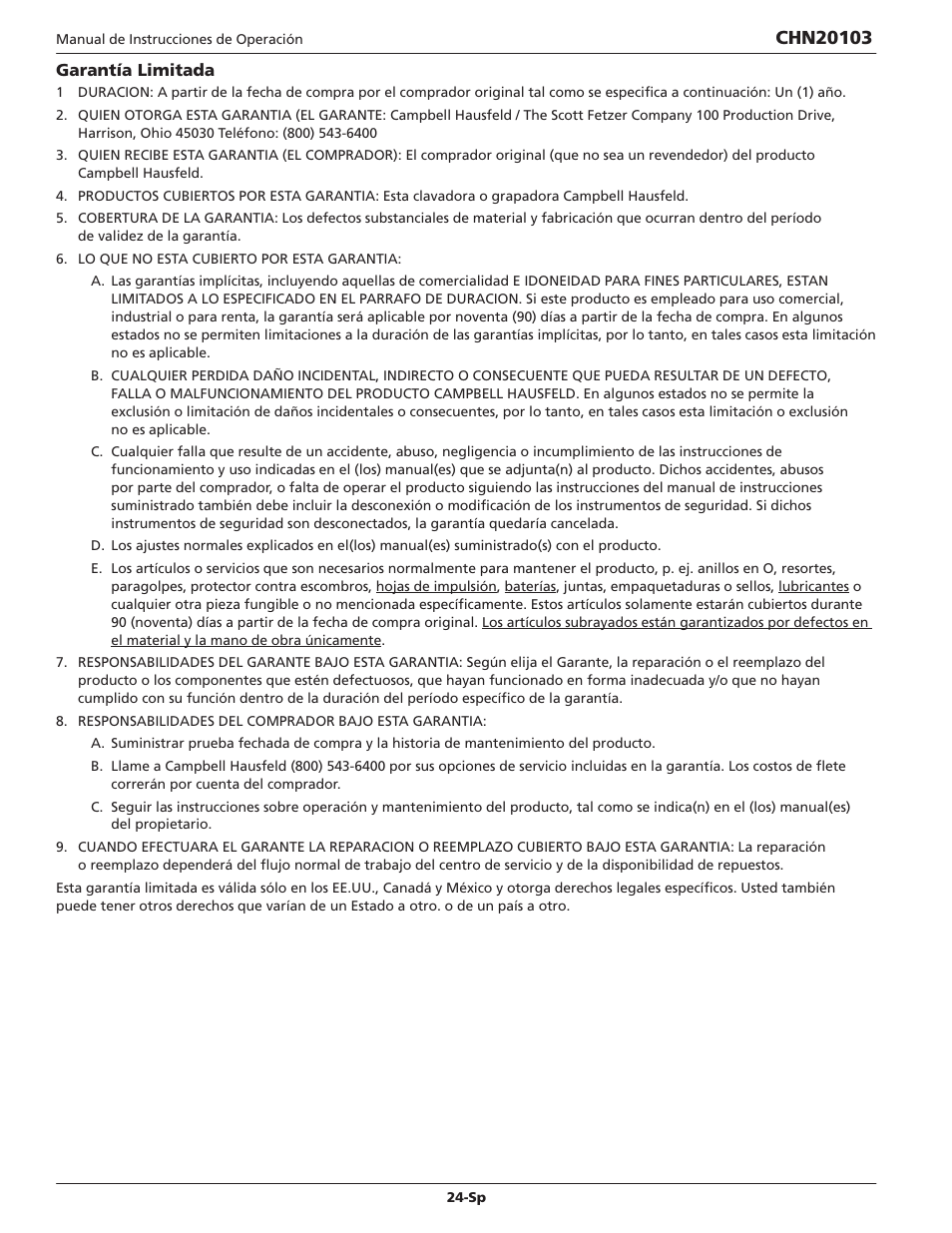 Campbell Hausfeld CHN20103 User Manual | Page 24 / 24