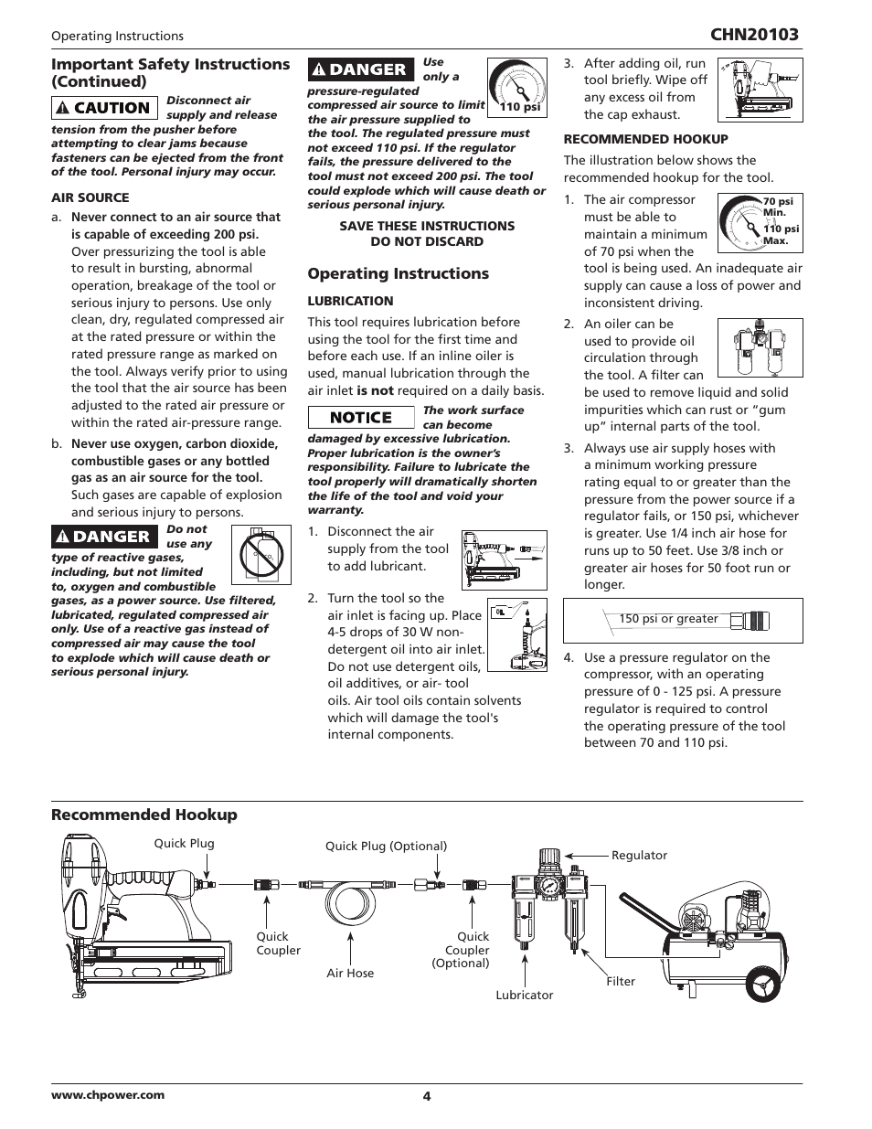 Important safety instructions (continued), Operating instructions, Recommended hookup | Campbell Hausfeld CHN20103 User Manual | Page 4 / 24