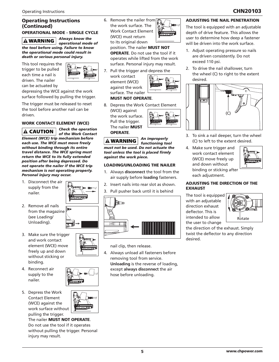 Operating instructions (continued) | Campbell Hausfeld CHN20103 User Manual | Page 5 / 24