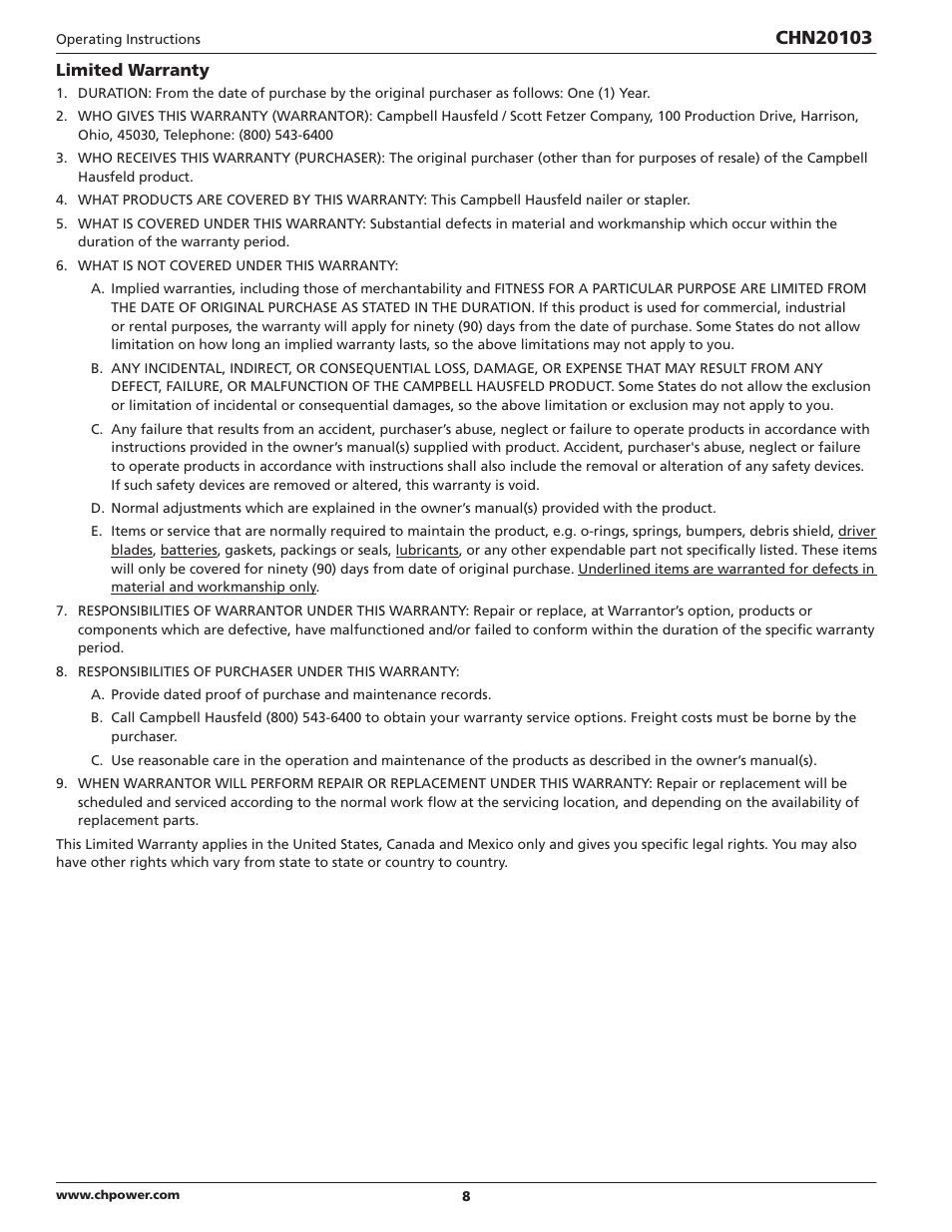 Campbell Hausfeld CHN20103 User Manual | Page 8 / 24
