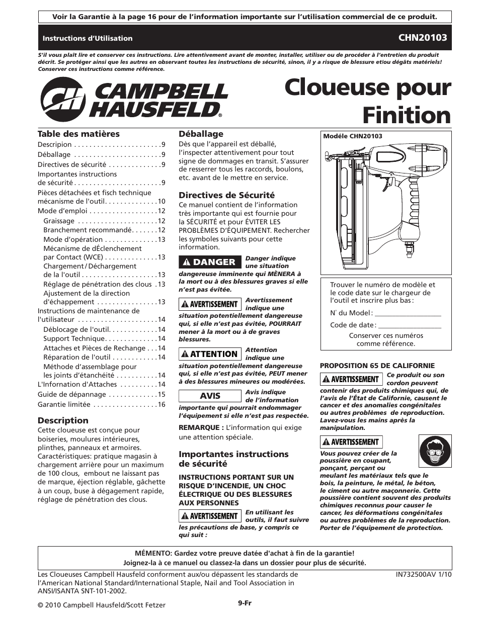 Cloueuse pour finition | Campbell Hausfeld CHN20103 User Manual | Page 9 / 24