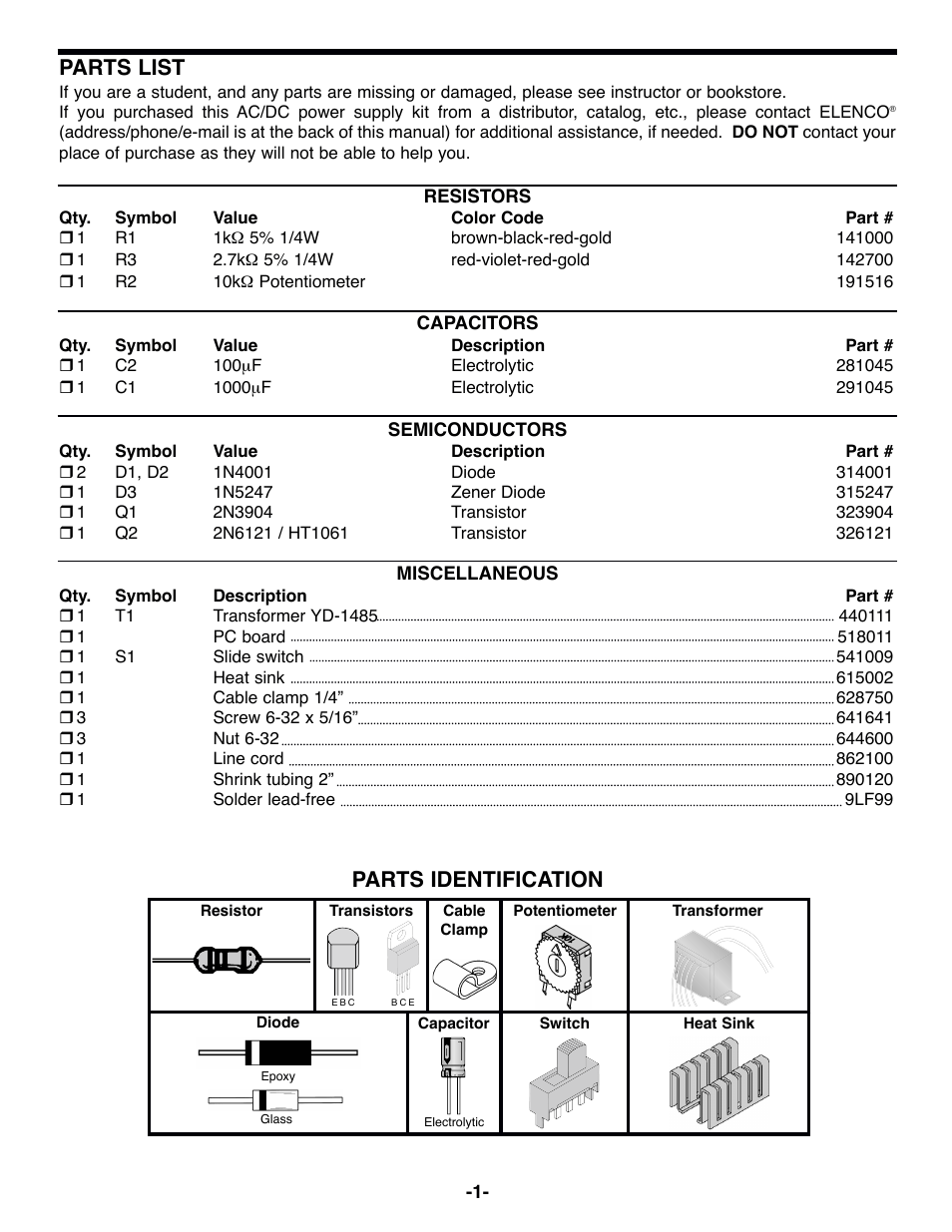 Parts list, Parts identification | Elenco 015V Power Supply Kit User Manual | Page 2 / 8
