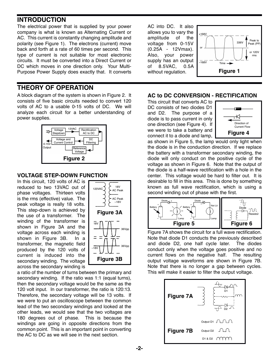 Introduction, Theory of operation, Voltage step-down function | Ac to dc conversion - rectification, Figure 1, Figure 2 figure 3a figure 3b, Figure 4, Figure 5, Figure 7a figure 7b, Figure 6 | Elenco 015V Power Supply Kit User Manual | Page 3 / 8