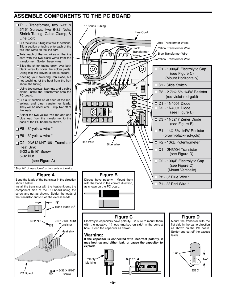 Assemble components to the pc board, Figure a, Figure b | Figure c, Warning, Figure d | Elenco 015V Power Supply Kit User Manual | Page 6 / 8