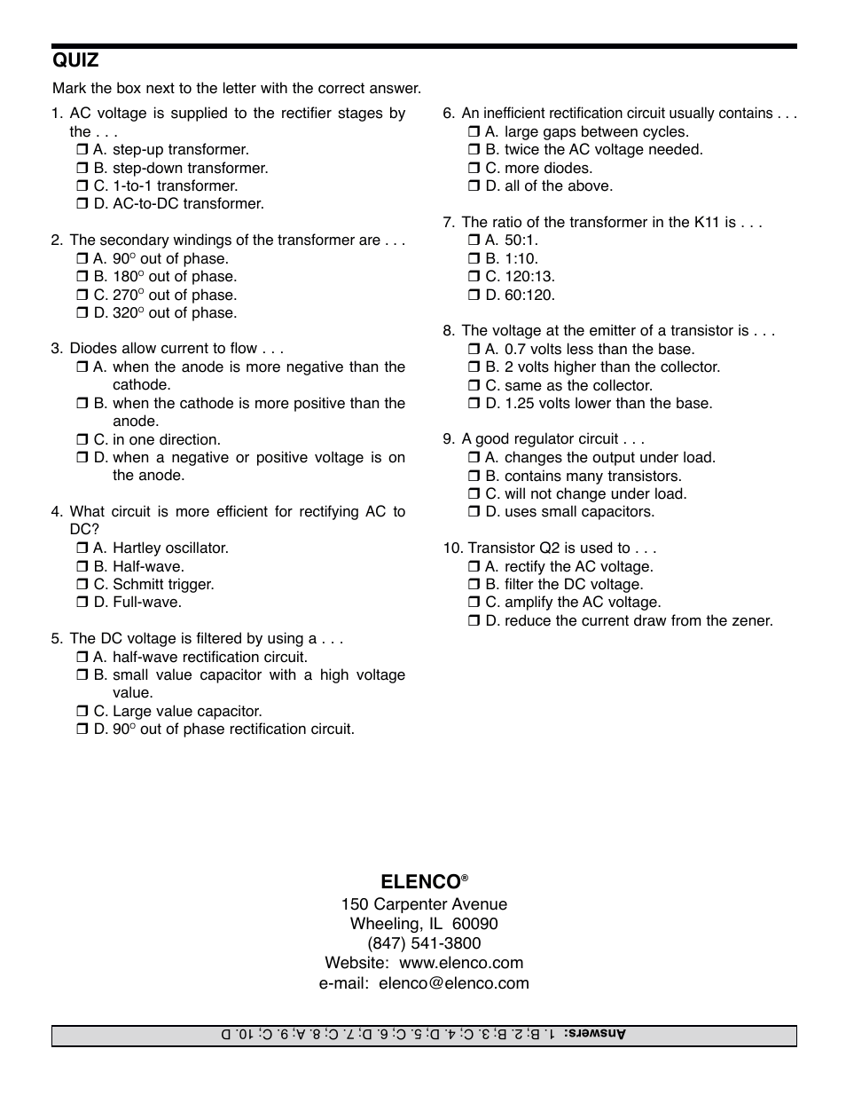 Elenco, Quiz | Elenco 015V Power Supply Kit User Manual | Page 8 / 8