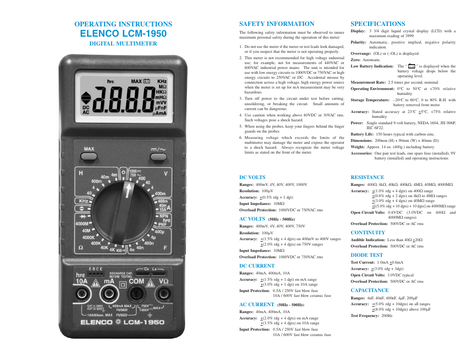 Elenco 3 3/4 Digit Cap./Ind./Logic User Manual | 2 pages