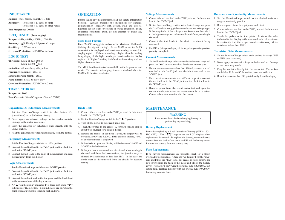 Operation, Maintenance | Elenco 3 3/4 Digit Cap./Ind./Logic User Manual | Page 2 / 2