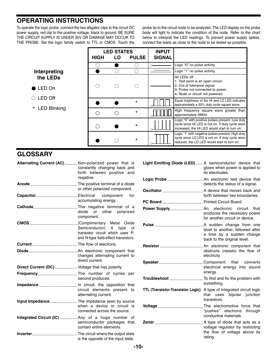 Operating instructions glossary | Elenco Logic Probe Kit User Manual | Page 11 / 12