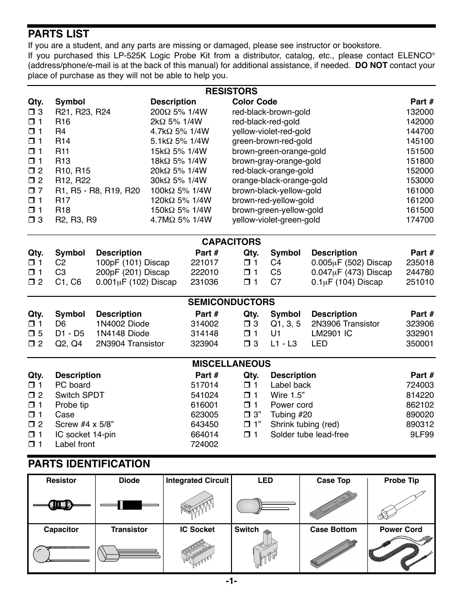 Parts list, Parts identification | Elenco Logic Probe Kit User Manual | Page 2 / 12