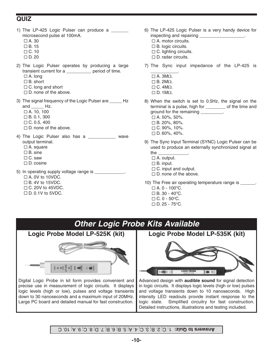 Other logic probe kits available, Quiz, Logic probe model lp-535k (kit) | Logic probe model lp-525k (kit) | Elenco Logic Pulser Kit User Manual | Page 11 / 12