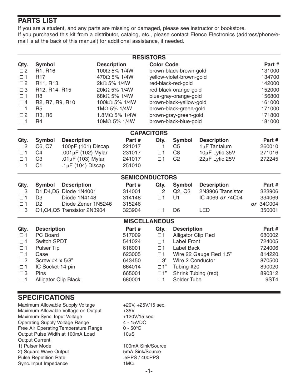 Parts list, Specifications | Elenco Logic Pulser Kit User Manual | Page 2 / 12