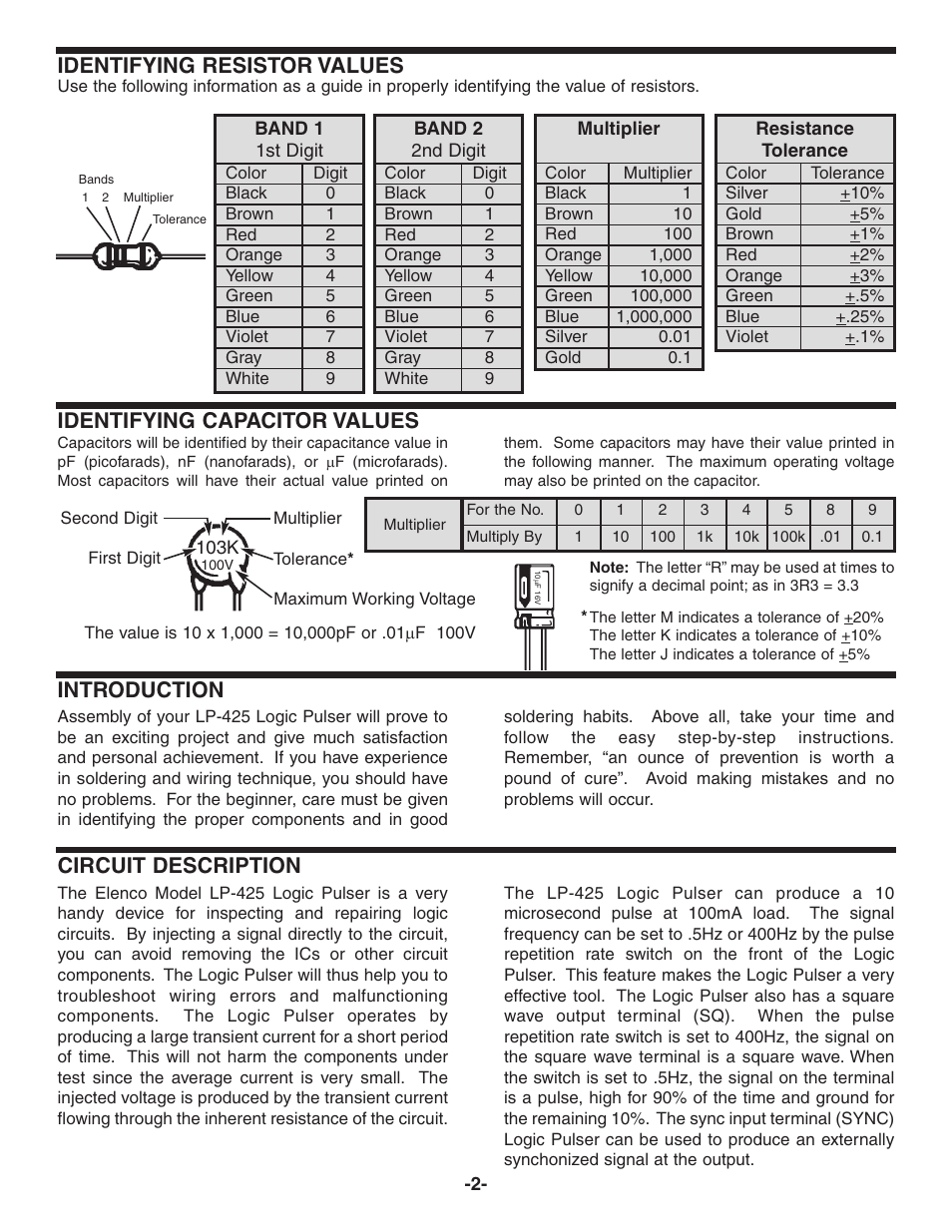 Identifying resistor values, Introduction, Circuit description identifying capacitor values | Elenco Logic Pulser Kit User Manual | Page 3 / 12