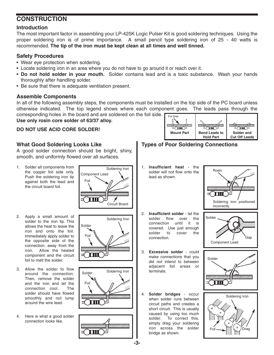 Construction, Introduction, Safety procedures | Assemble components, What good soldering looks like, Types of poor soldering connections | Elenco Logic Pulser Kit User Manual | Page 4 / 12