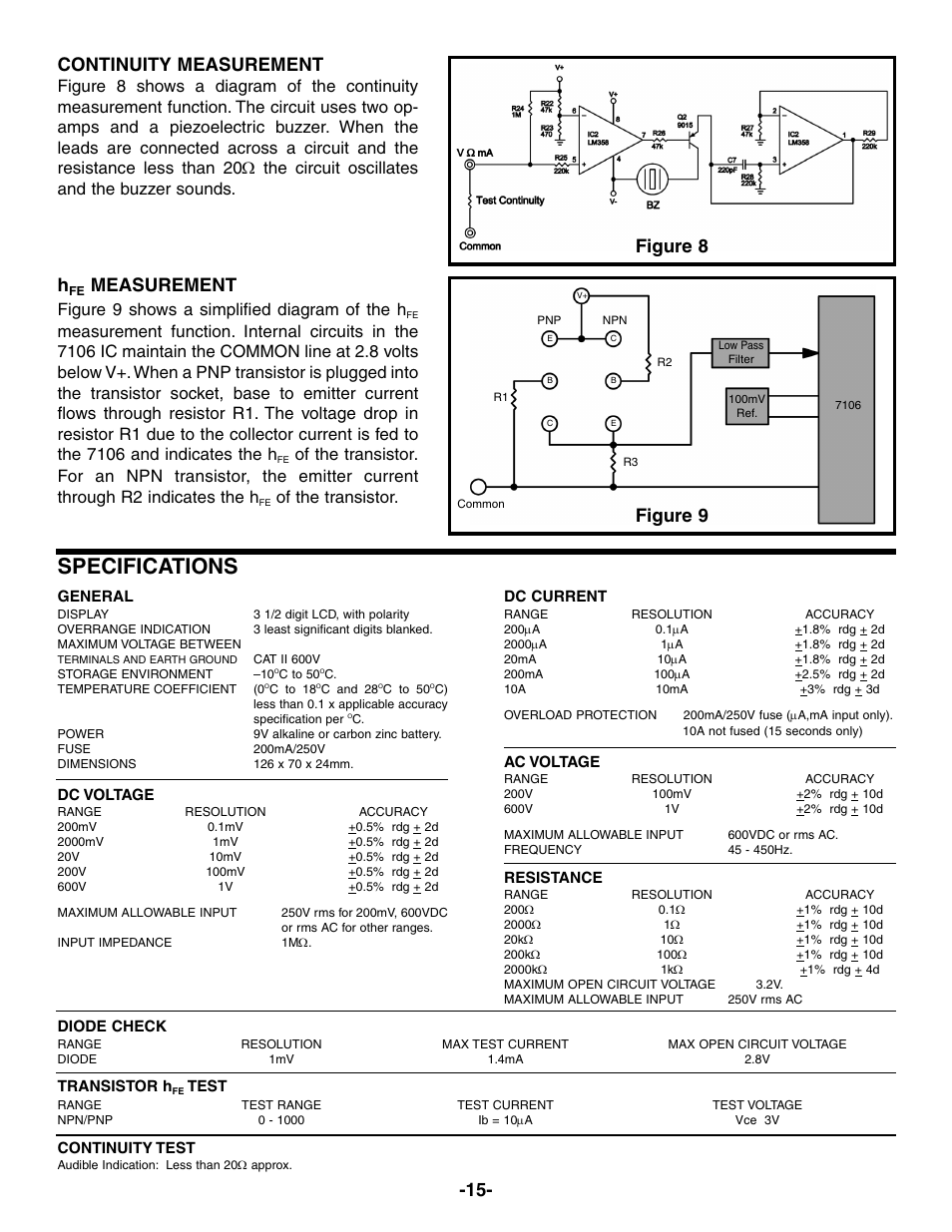 Specifications, Measurement, Figure 9 | Continuity measurement, Figure 8, Figure 9 shows a simplified diagram of the h, Of the transistor | Elenco Compact Digital Multimeter User Manual | Page 16 / 20