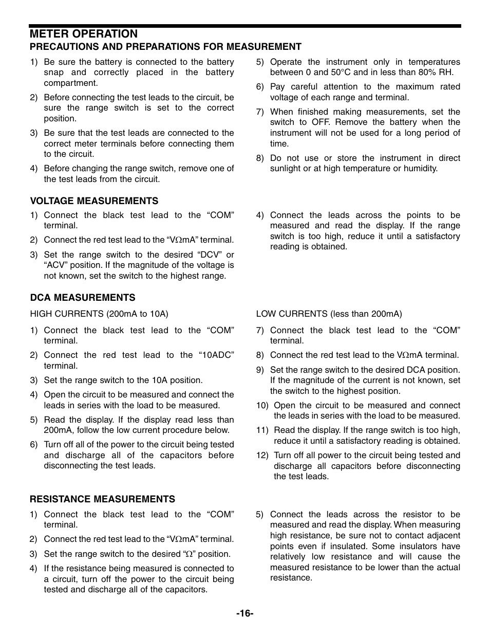 Meter operation | Elenco Compact Digital Multimeter User Manual | Page 17 / 20