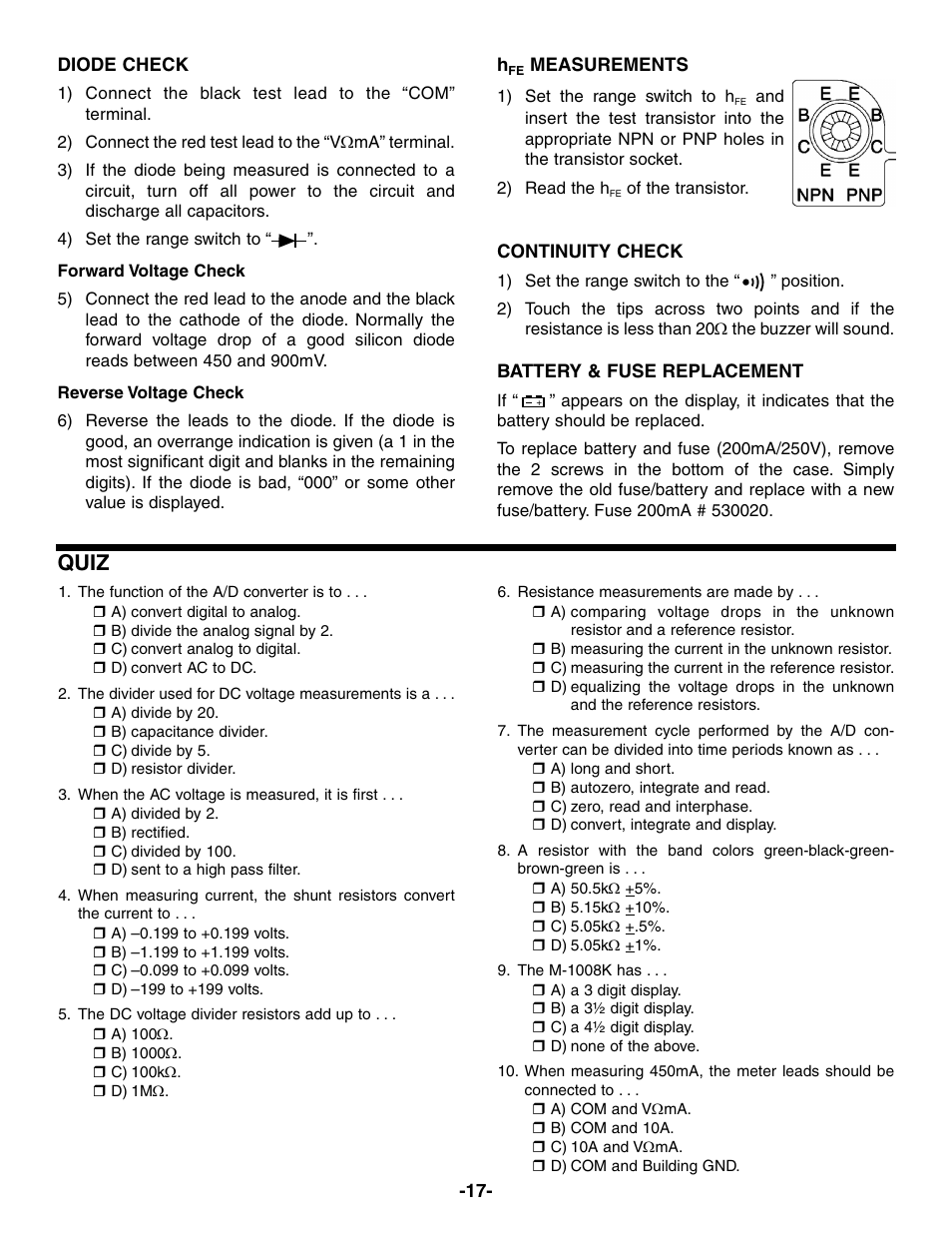 Quiz | Elenco Compact Digital Multimeter User Manual | Page 18 / 20