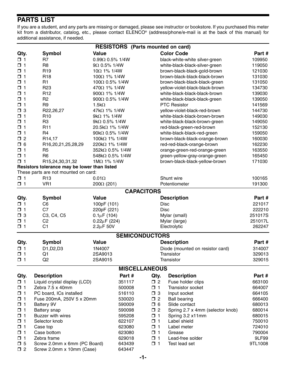 Parts list | Elenco Compact Digital Multimeter User Manual | Page 2 / 20