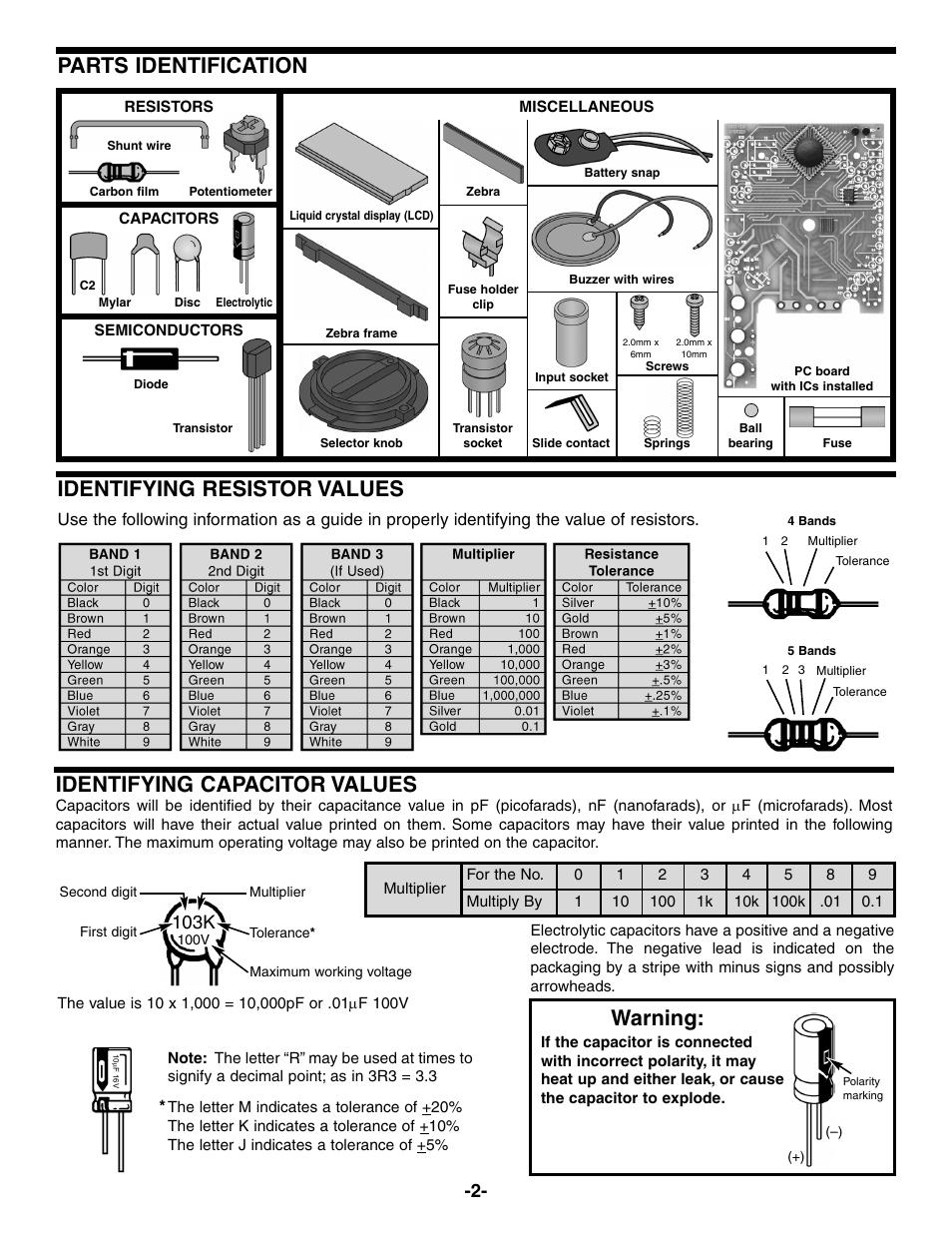 Identifying resistor values, Parts identification, Identifying capacitor values | Warning, 103k | Elenco Compact Digital Multimeter User Manual | Page 3 / 20