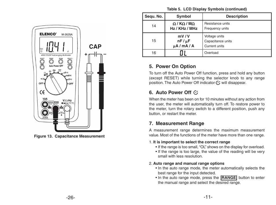 Power on option, Auto power off, Measurement range | Elenco Digital Multimeter User Manual | Page 11 / 18
