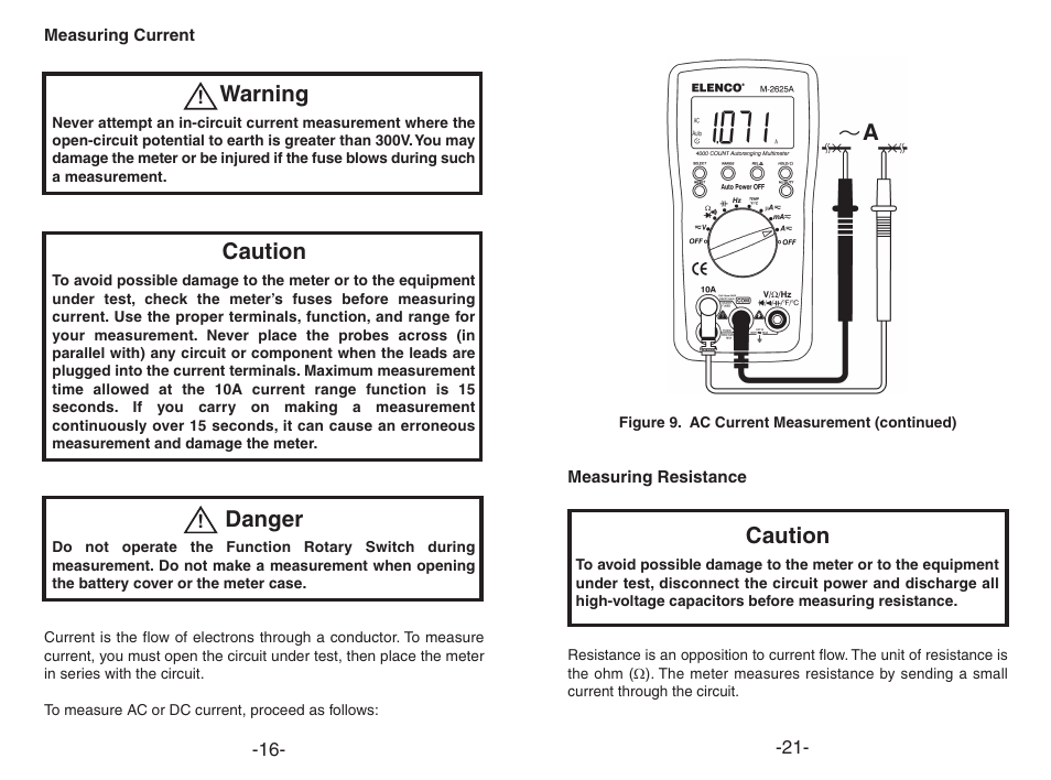 Warning, Caution, Danger | Elenco Digital Multimeter User Manual | Page 16 / 18