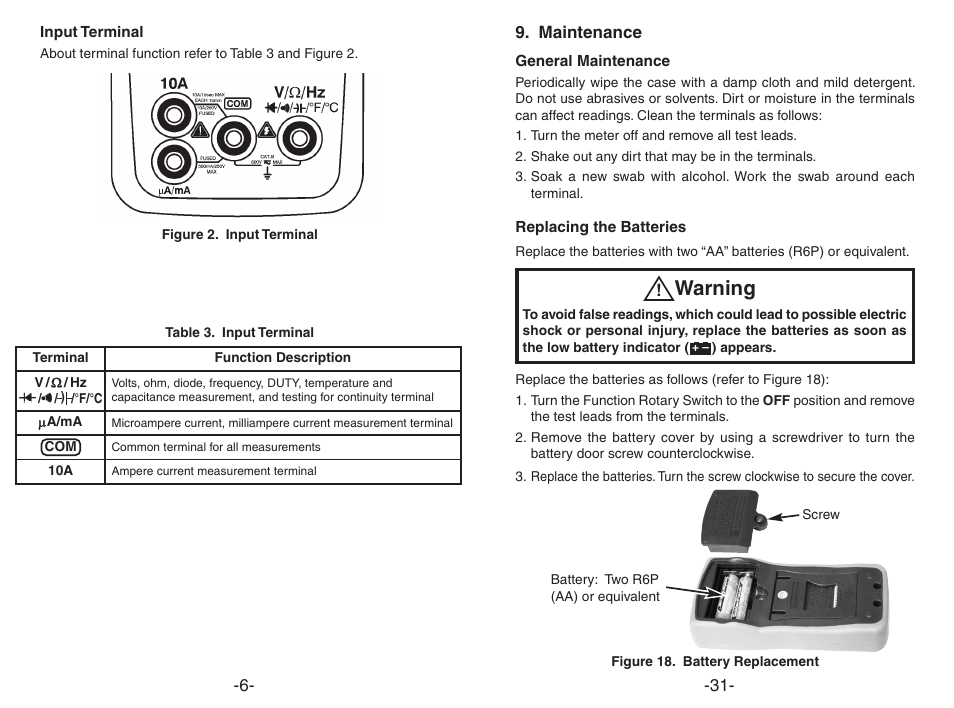 Warning, 9. maintenance | Elenco Digital Multimeter User Manual | Page 6 / 18