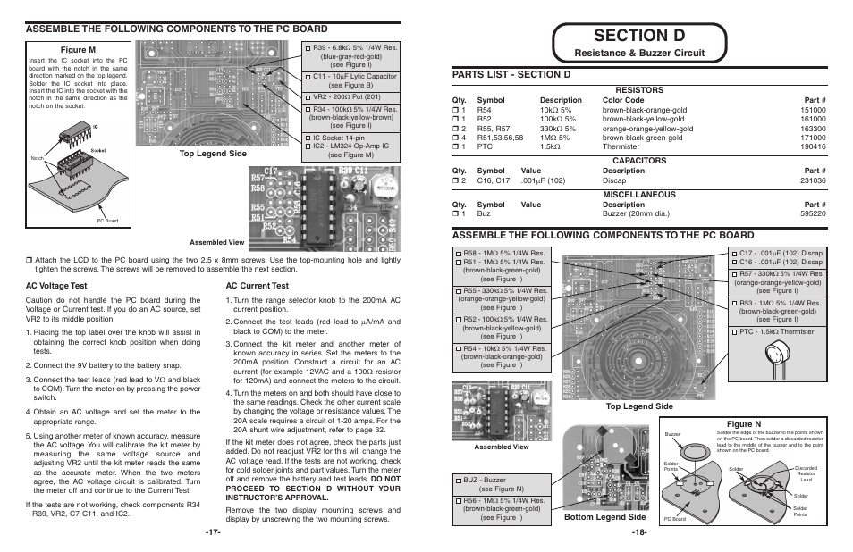 Resistance & buzzer circuit, Assemble the following components to the pc board | Elenco 3 1/2 Digit Cap. / Trans. Kit User Manual | Page 18 / 36