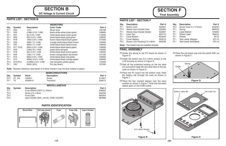 Final assembly, Dc voltage & current circuit, Parts identification | Elenco 3 1/2 Digit Cap. / Trans. Kit User Manual | Page 23 / 36