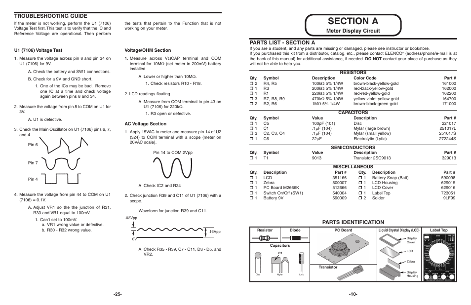 Meter display circuit, Parts identification, Troubleshooting guide | Elenco 3 1/2 Digit Cap. / Trans. Kit User Manual | Page 26 / 36