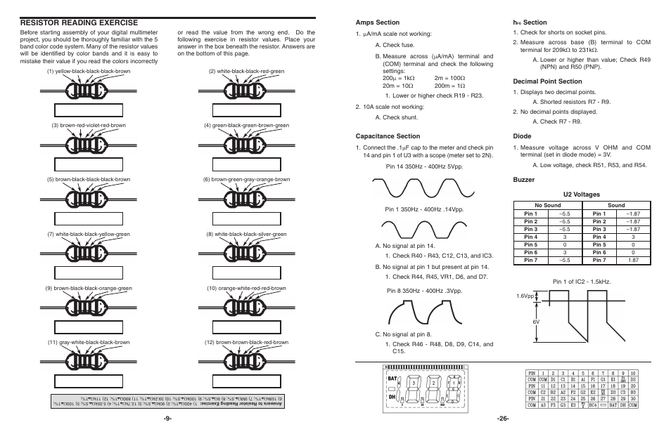 Resistor reading exercise, Diode, Buzzer u2 voltages | Elenco 3 1/2 Digit Cap. / Trans. Kit User Manual | Page 27 / 36