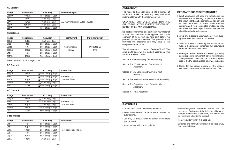 Assembly, Batteries | Elenco 3 1/2 Digit Cap. / Trans. Kit User Manual | Page 30 / 36