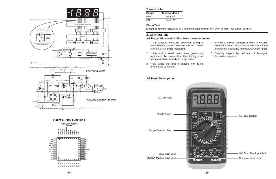 Operation, Transistor h, Diode test | 1 preparation and caution before measurement -30, Range test condition npn 2ma 3v pnp 2ma 3v | Elenco 3 1/2 Digit Cap. / Trans. Kit User Manual | Page 31 / 36