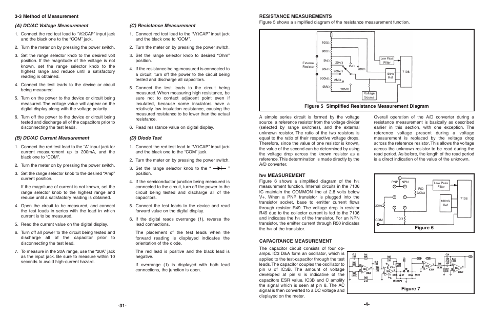 Resistance measurements, Figure 5 simplified resistance measurement diagram, Measurement | Figure 6, B) dc/ac current measurement, C) resistance measurement, D) diode test, 3 method of measurement -31 | Elenco 3 1/2 Digit Cap. / Trans. Kit User Manual | Page 32 / 36