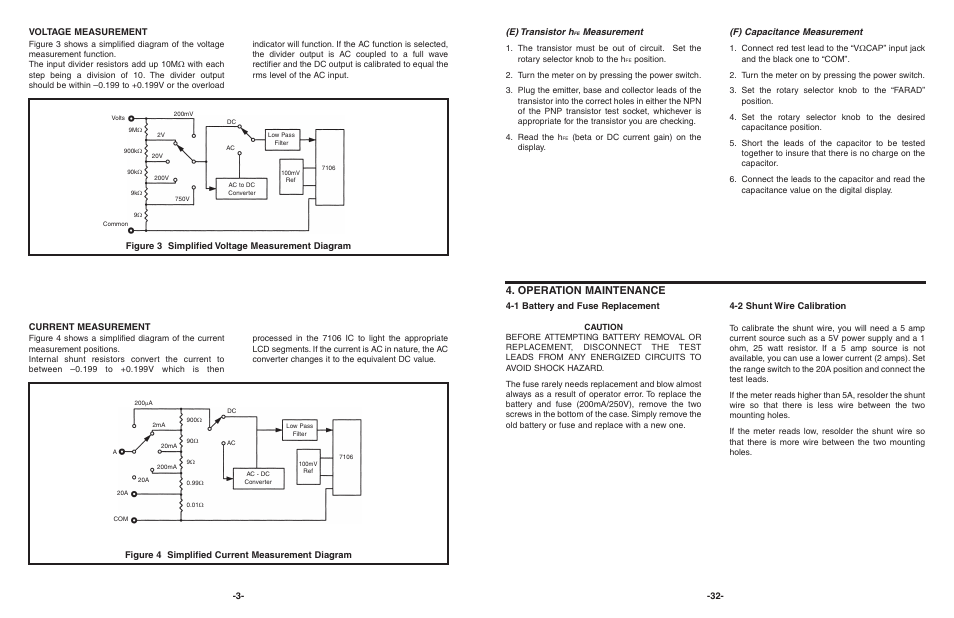 Operation maintenance, (e) transistor h, Measurement | F) capacitance measurement, Current measurement, 1 battery and fuse replacement, 2 shunt wire calibration | Elenco 3 1/2 Digit Cap. / Trans. Kit User Manual | Page 33 / 36