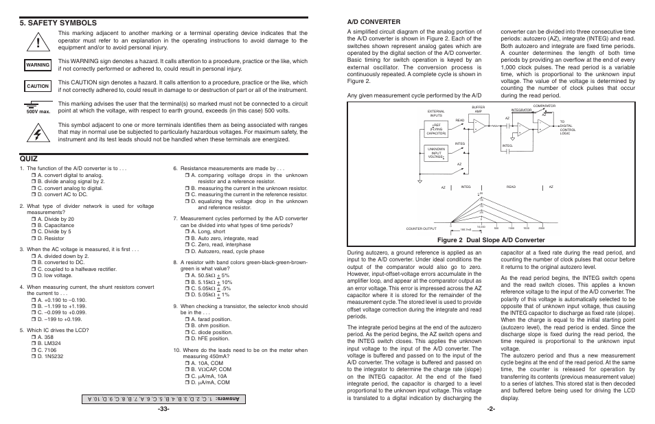 Quiz, Safety symbols, Figure 2 dual slope a/d converter | A/d converter | Elenco 3 1/2 Digit Cap. / Trans. Kit User Manual | Page 34 / 36