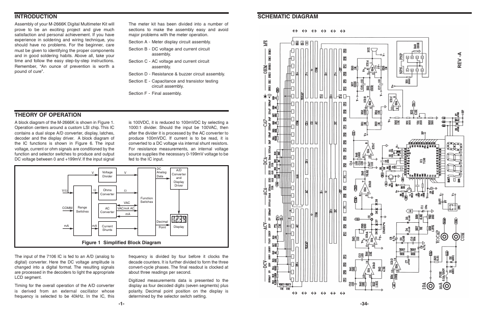 Schematic diagram, Introduction, Theory of operation | Figure 1 simplified block diagram | Elenco 3 1/2 Digit Cap. / Trans. Kit User Manual | Page 35 / 36
