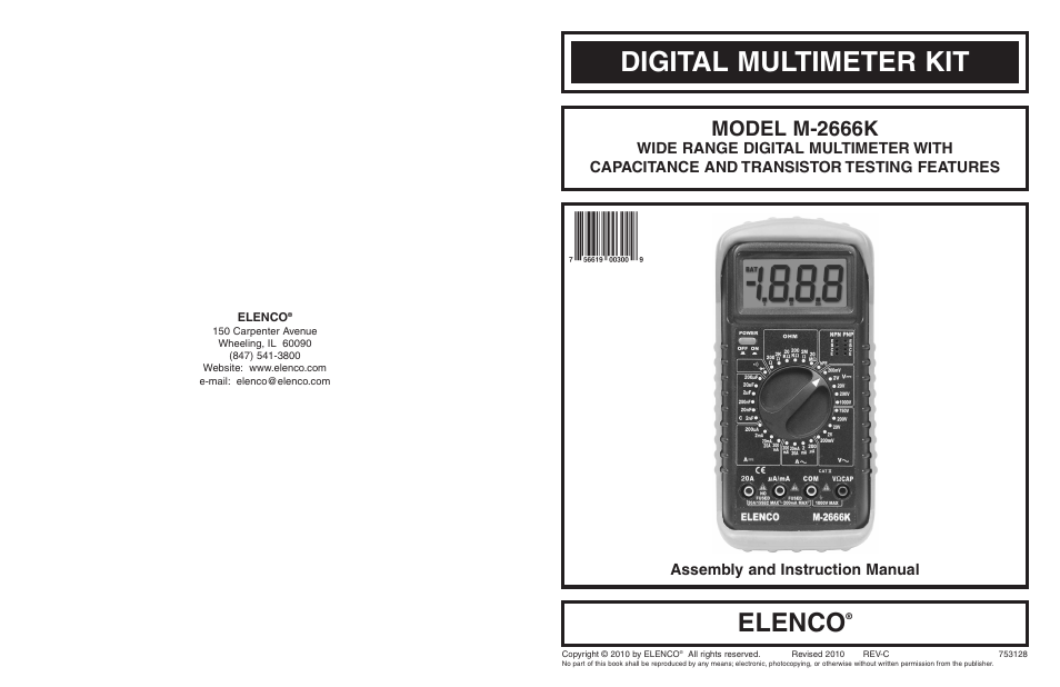 Digital multimeter kit, Elenco, Model m-2666k | Elenco 3 1/2 Digit Cap. / Trans. Kit User Manual | Page 36 / 36