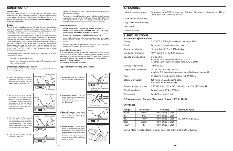 Features, Specifications, Construction | 1 general specifications, 2 measurement ranges (accuracy: 1 year 18, C to 28, C) dc voltage | Elenco 3 1/2 Digit Cap. / Trans. Kit User Manual | Page 8 / 36