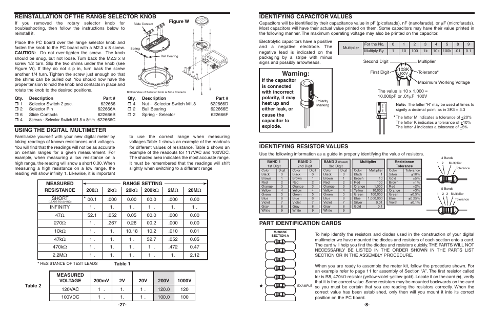 Warning, Part identification cards, Identifying resistor values | Identifying capacitor values, Reinstallation of the range selector knob, Using the digital multimeter | Elenco 3 1/2 Digit Cap. / Trans. Kit User Manual | Page 9 / 36