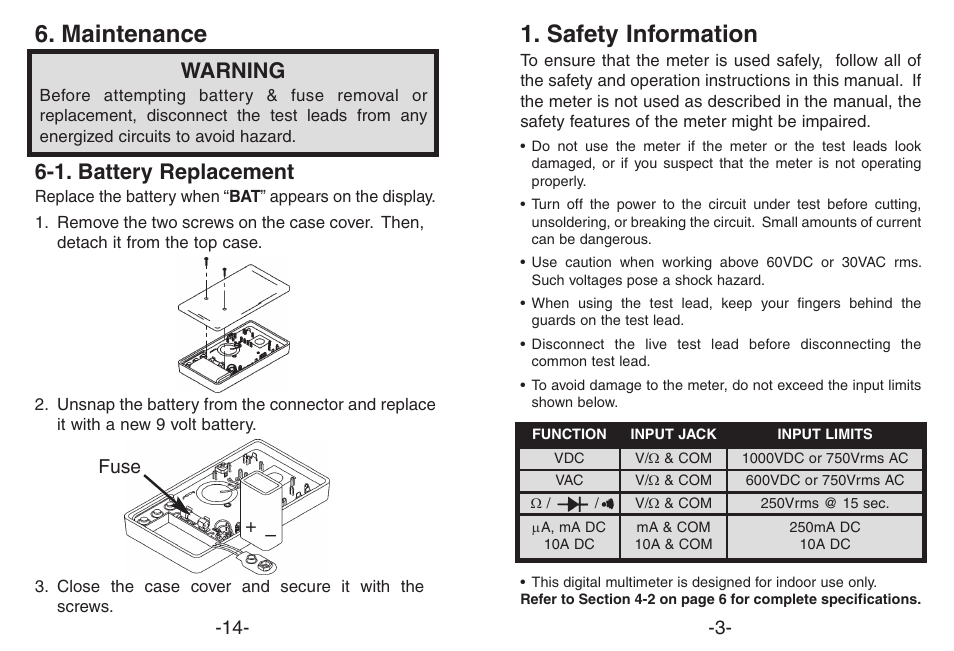 Maintenance, Safety information, 1. battery replacement | Warning, Fuse | Elenco Compact Multimeter User Manual | Page 3 / 8