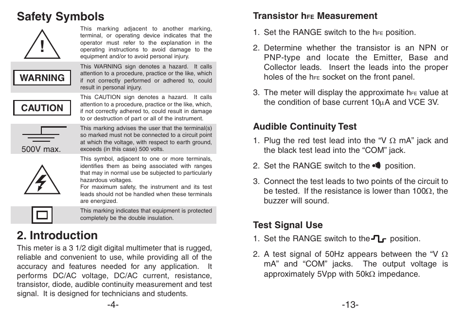 Safety symbols, Introduction | Elenco Compact Multimeter User Manual | Page 4 / 8