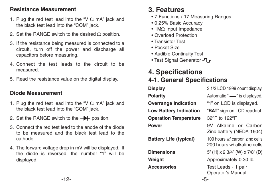 Features, Specifications, 1. general specifications | Elenco Compact Multimeter User Manual | Page 5 / 8