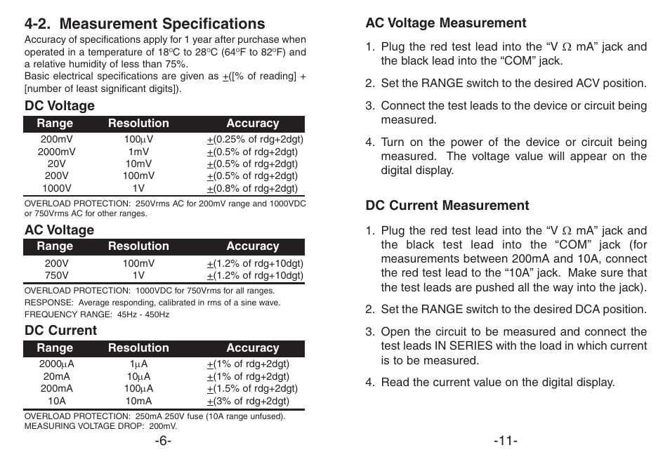 2. measurement specifications, Dc voltage, Ac voltage | Dc current, Ac voltage measurement, Dc current measurement | Elenco Compact Multimeter User Manual | Page 6 / 8