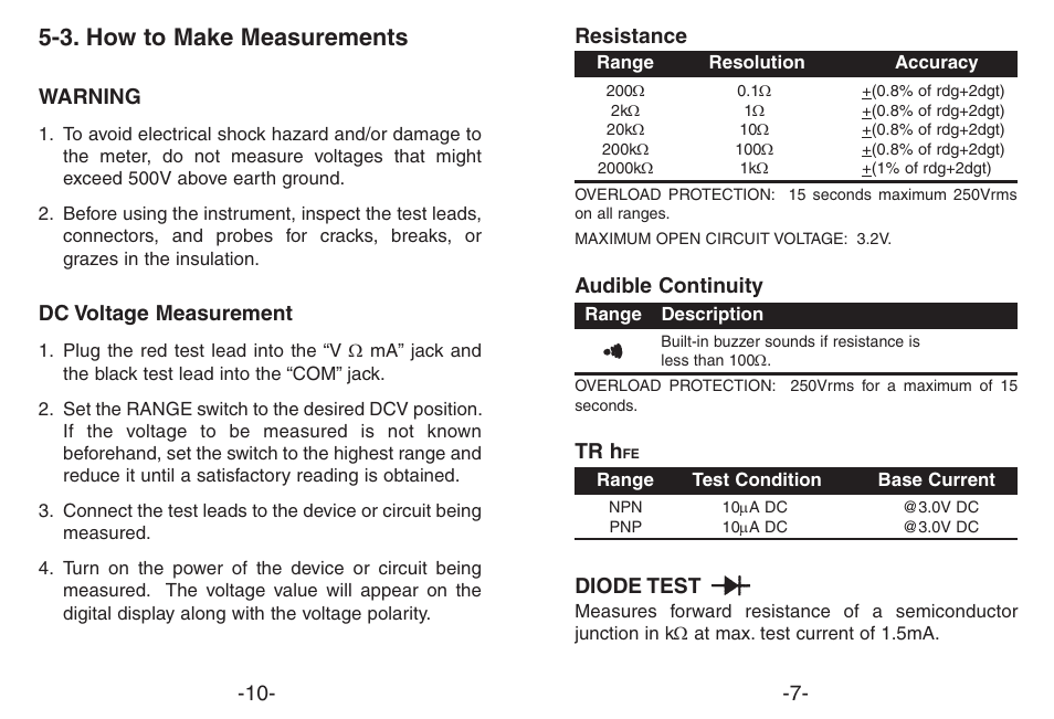 3. how to make measurements, Warning, Dc voltage measurement | Resistance, Audible continuity, Tr h, Diode test | Elenco Compact Multimeter User Manual | Page 7 / 8