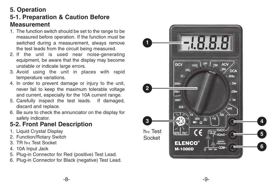 2. front panel description | Elenco Compact Multimeter User Manual | Page 8 / 8