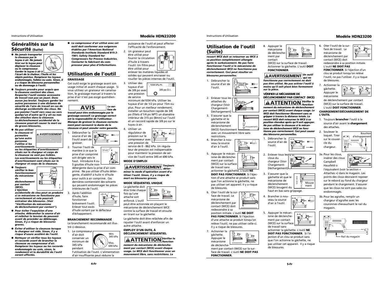 Attention, Avis, Généralités sur la sécurité | Utilisation de l’outil (suite), Utilisation de l’outil | Campbell Hausfeld HDN23200 User Manual | Page 12 / 12