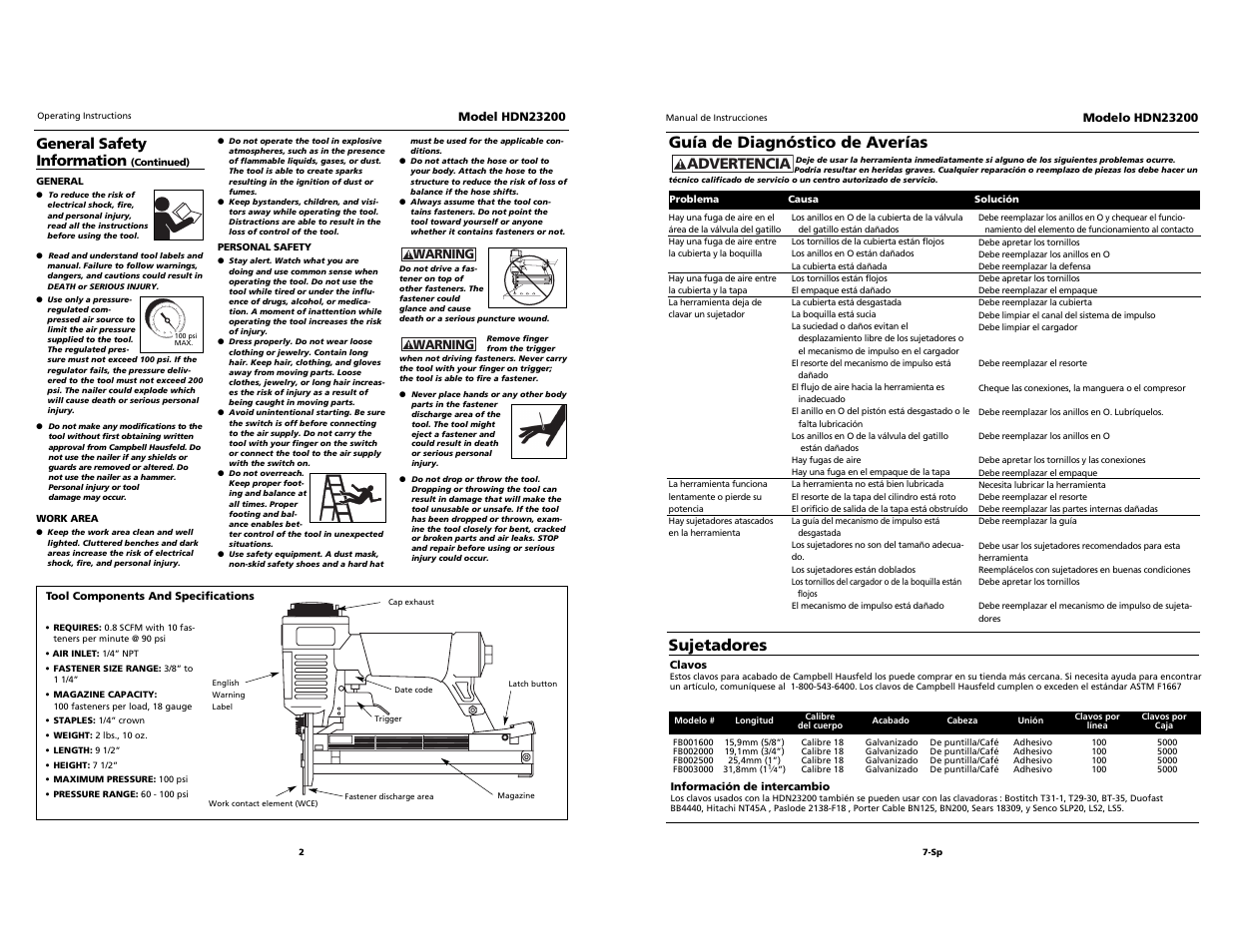 O i l, Guía de diagnóstico de averías, Sujetadores | Advertencia, General safety information | Campbell Hausfeld HDN23200 User Manual | Page 2 / 12