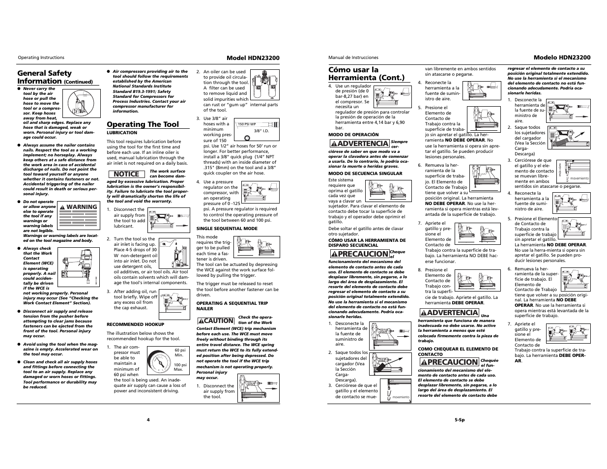 Precaucion, Advertencia general safety information, Cómo usar la herramienta (cont.) | Advertencia, Operating the tool, Notice | Campbell Hausfeld HDN23200 User Manual | Page 4 / 12