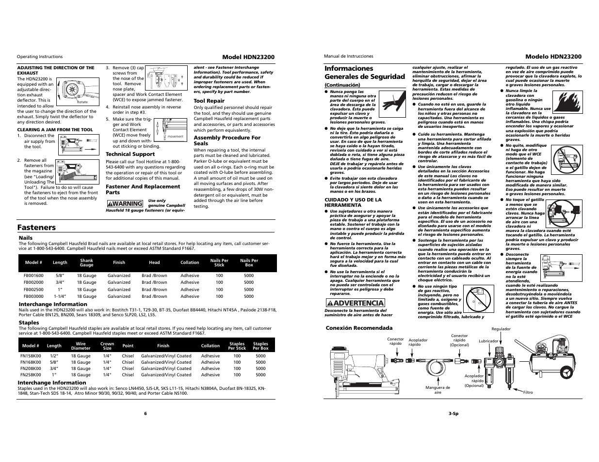 Campbell, Fasteners, Advertencia | Campbell Hausfeld HDN23200 User Manual | Page 6 / 12