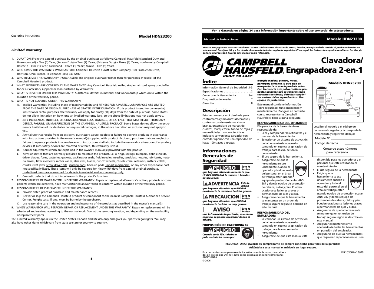 Clavadora/ engrapadora 2-en-1, Aviso, Peligro | Precaucion, Índice, Descripción, Informaciones generales de seguridad, Advertencia | Campbell Hausfeld HDN23200 User Manual | Page 8 / 12